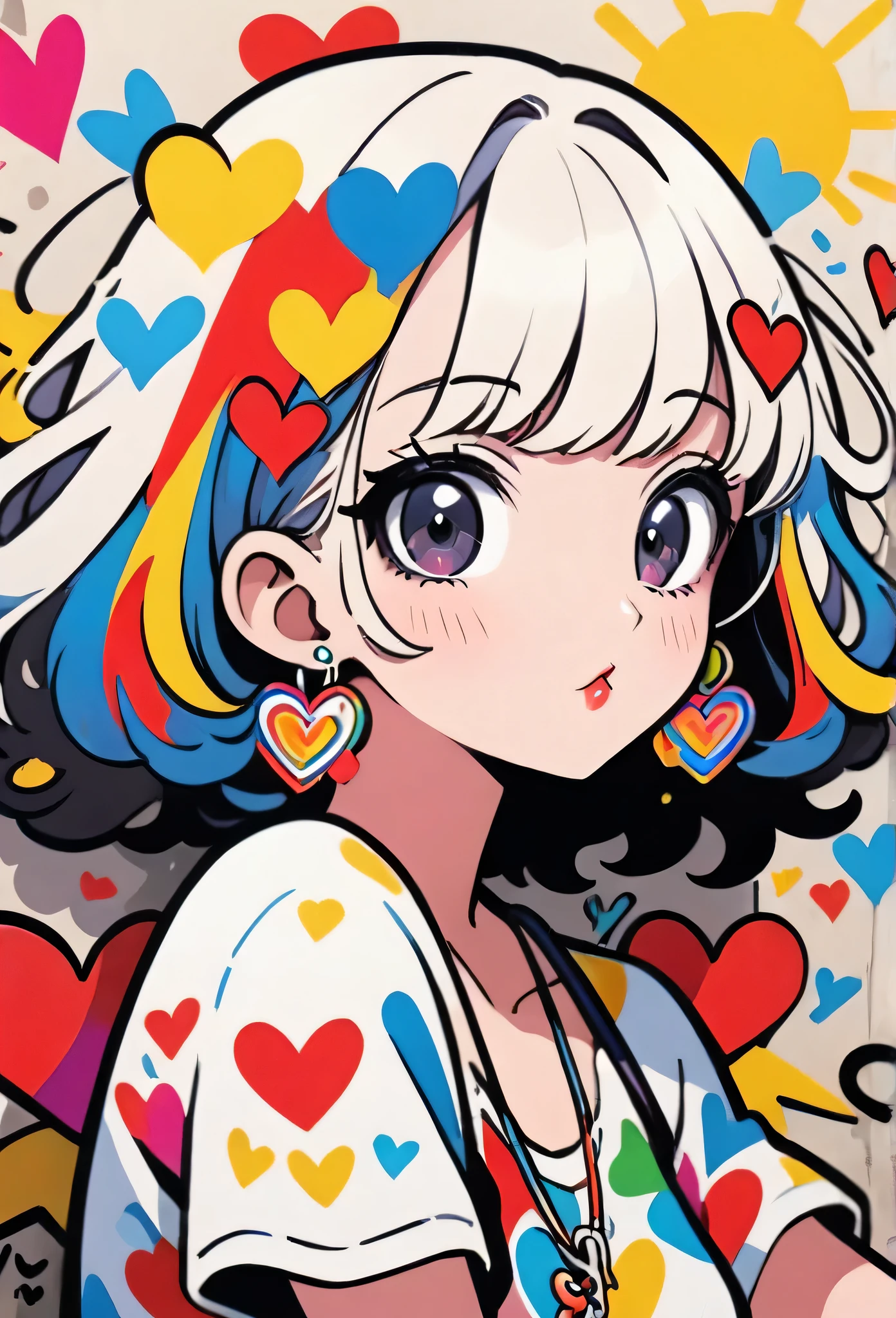 Ultra-realism Keith Haring colorful style, Simple Line Initialism，Abstract art，(((The most beautiful girl of all time))), Sweet face. Lips in love, colorful hearts, stylish design, Summer beach fashion, Dark Eyes, Graffiti on the wall