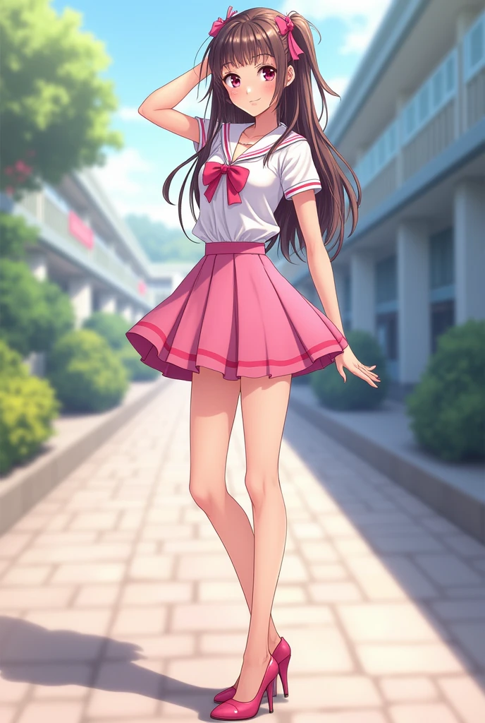粉色Short skirt，School Belle，Short skirt，whole body，High heel，Smile