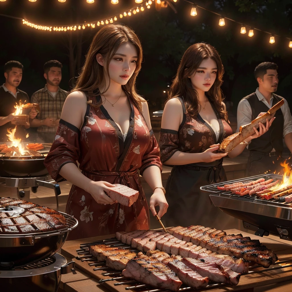 a realistic, large grilled meat, group of people, beautiful women, detailed barbecue scene, hyper realistic, 8k, highly detailed, cinematic lighting, warm color tones, photorealistic, masterpiece, award-winning photography