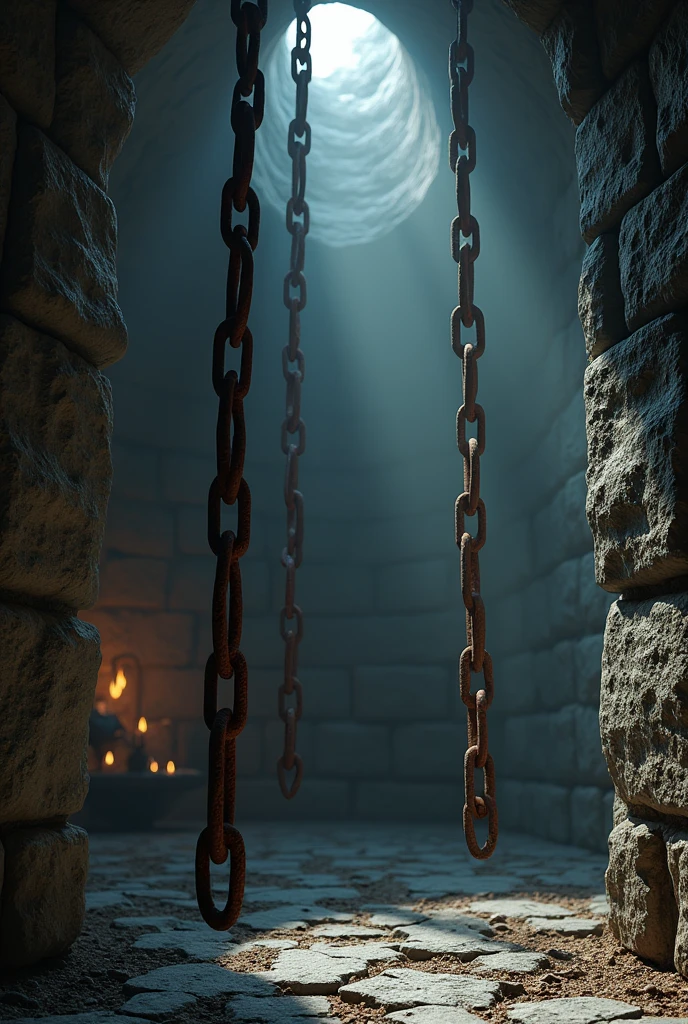 a huge old rusty metal chains hanging from the walls of a dark and gloomy dungeon, intricate detailed, moody dramatic lighting, cinematic composition, highly detailed, photorealistic, 8k, best quality, masterpiece