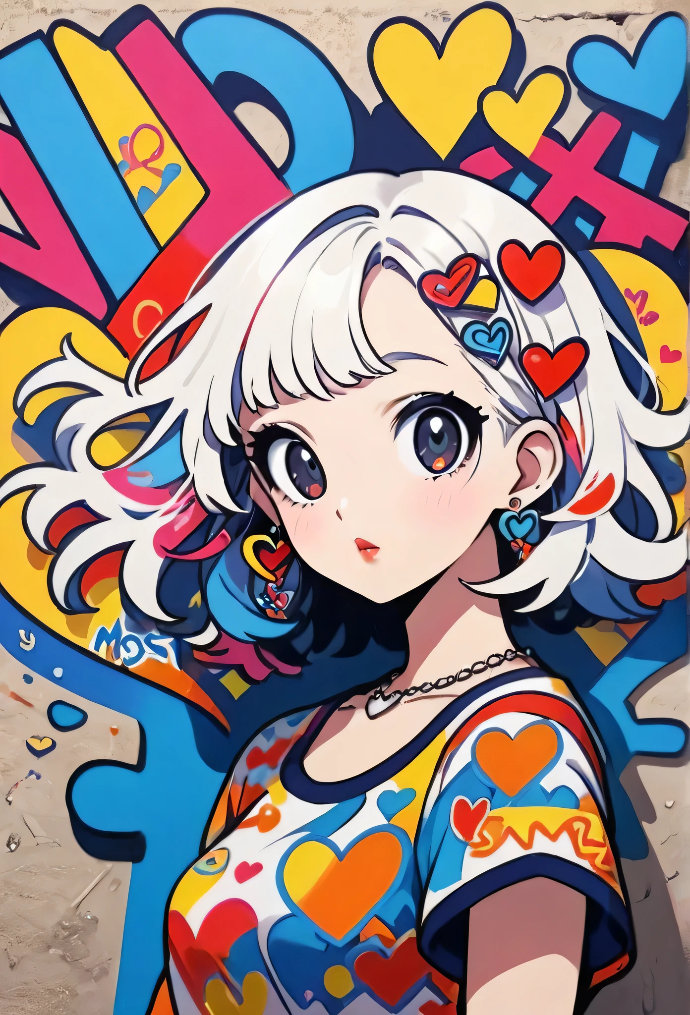 Ultra-realism Keith Haring colorful style, Simple Line Initialism，Abstract art，(((The most beautiful girl of all time))), Sweet face. Lips in love, colorful hearts, stylish design, Summer beach fashion, Dark Eyes, Graffiti on the wall