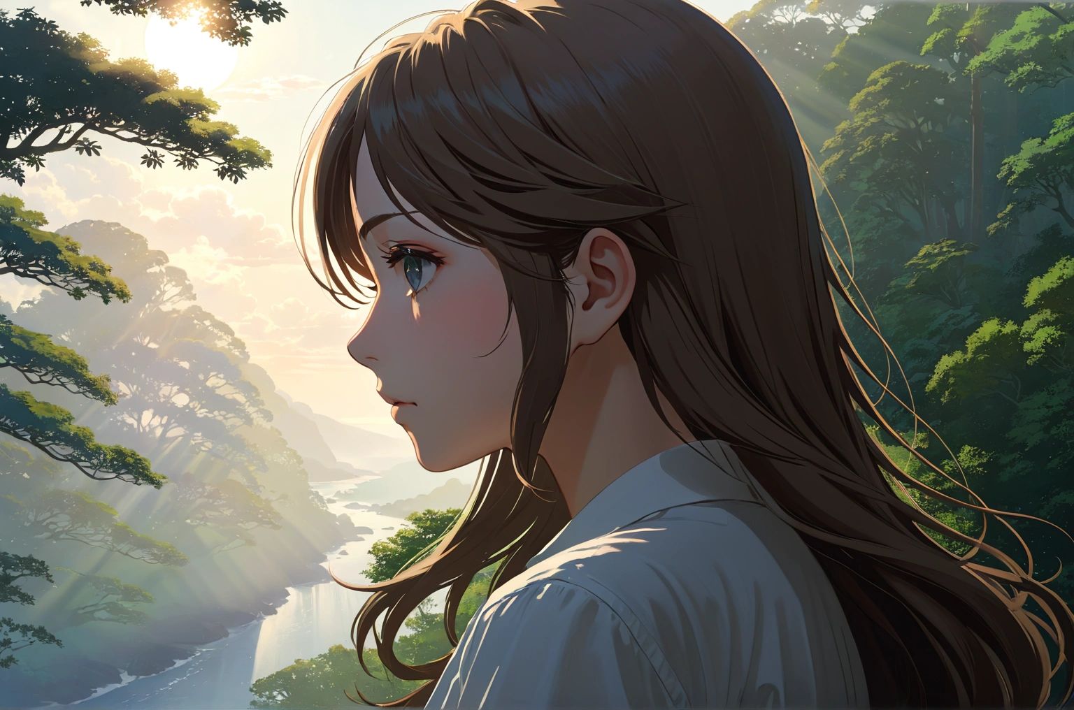 Uses Makoto Shinkai's depiction perfectly,Portrait of Halie Loren,8k 4k masterpiece photo ,Mysterious sight,In the morning haze,profile,profileが美しい,He has kind eyes.,Long Hair,Ash hair,White shirt,Look in a different direction,In nature,Bust is larger