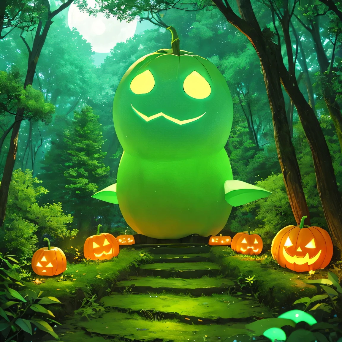 In a mysterious moonlit forest、A giant green jack-o&#39;-lantern in the center、A beautiful girl in a green kimono is sitting on a green jack-o-lantern