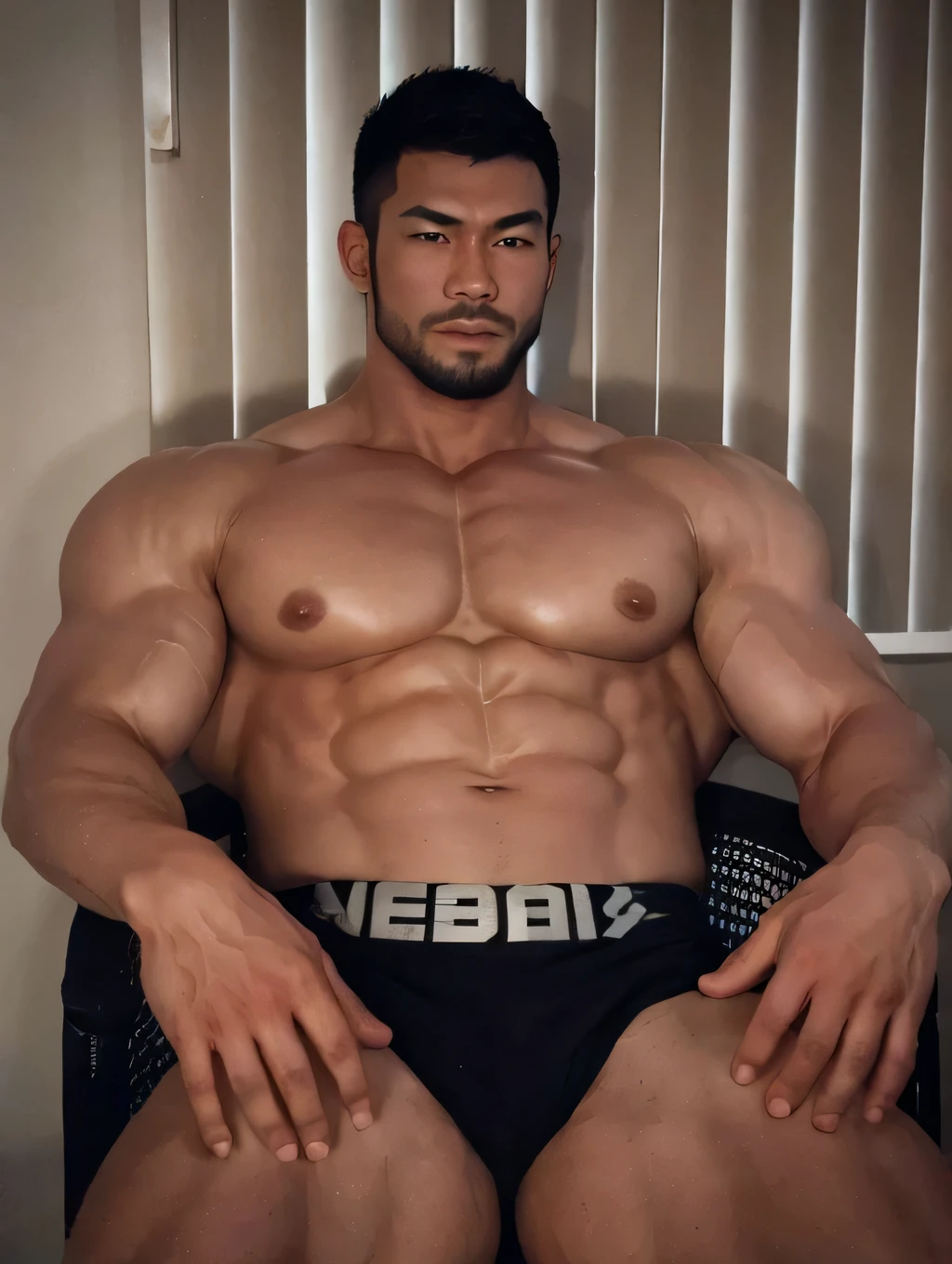 Japanese muscular man, hyper muscular, realistic, Asian skin tone, eyes contract, detailed face 