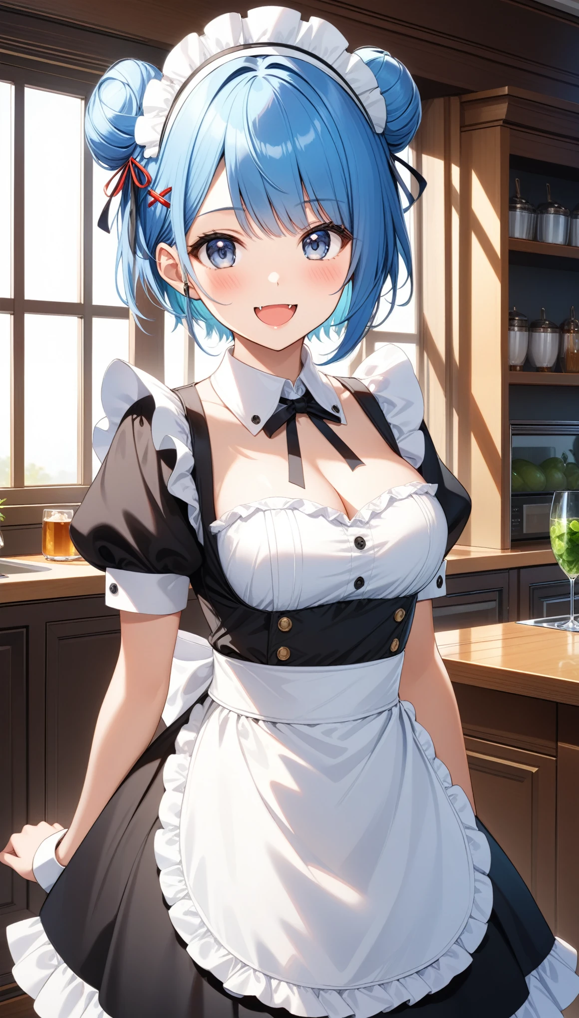 1girl, solo, breasts, looking at viewer, blush, smile, short hair, open mouth, bangs, hair ornament, dress, cleavage, medium breasts, blue hair, standing, short sleeves, :d, frills, hairclip, fang, puffy sleeves, indoors, hair bun, apron, black dress, puffy short sleeves, wrist cuffs, grey eyes, maid, maid headdress, window, double bun, detached collar, headphones, x hair ornament, waist apron, white apron, maid apron, frilled apron, ((32k)), ((best quality)), ((ultra high res)), ((HDR)), ((UHD)), ((extremely detailed CG)), ((unity 32k wallpaper)), 