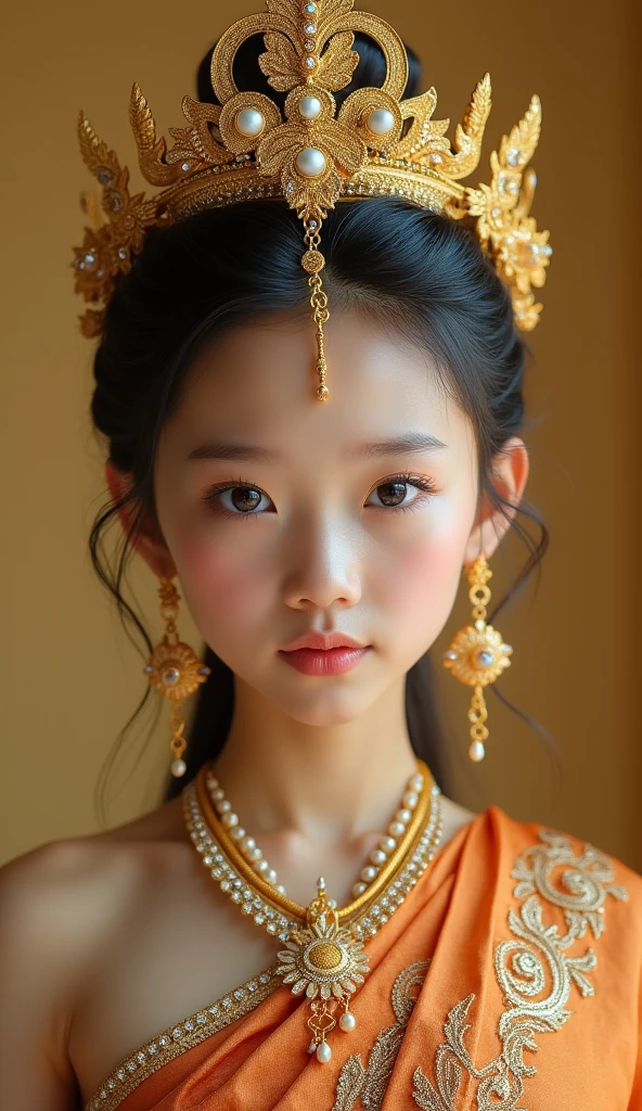 Picture of an ancient Thai girl wearing a modified copper-colored Thai dress decorated with gold and gems. Her hair is decorated with a gold crown decorated with gems. Her face is beautiful and sweet with dark brown eyes and light pink lips. She wears a gold necklace and earrings. The background is light gold. The picture has high definition and soft light and shadow. The picture was taken by a professional photographer.