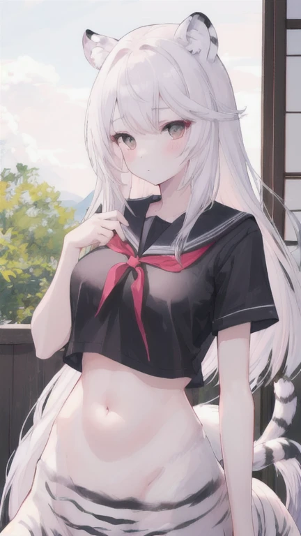 (best quality, masterpiece), 1 girl, centaur, I beg, White skin, Japanese schoolgirl,daughter,black pink, exposing the abdomen, belly button t-shirt , beautiful girl perfect, White tiger photo, 완벽한 White tiger photo
