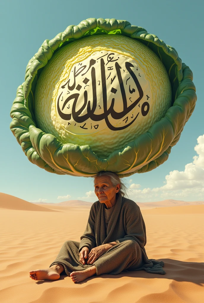 There is a very big cabbage. A person sitting inside that cabbage is writing Allah Hu in very big letters and that cabbage is also placed on the head of an old woman who is 140 years old and there is no water present there. There is only desert. Make a good image and show us.