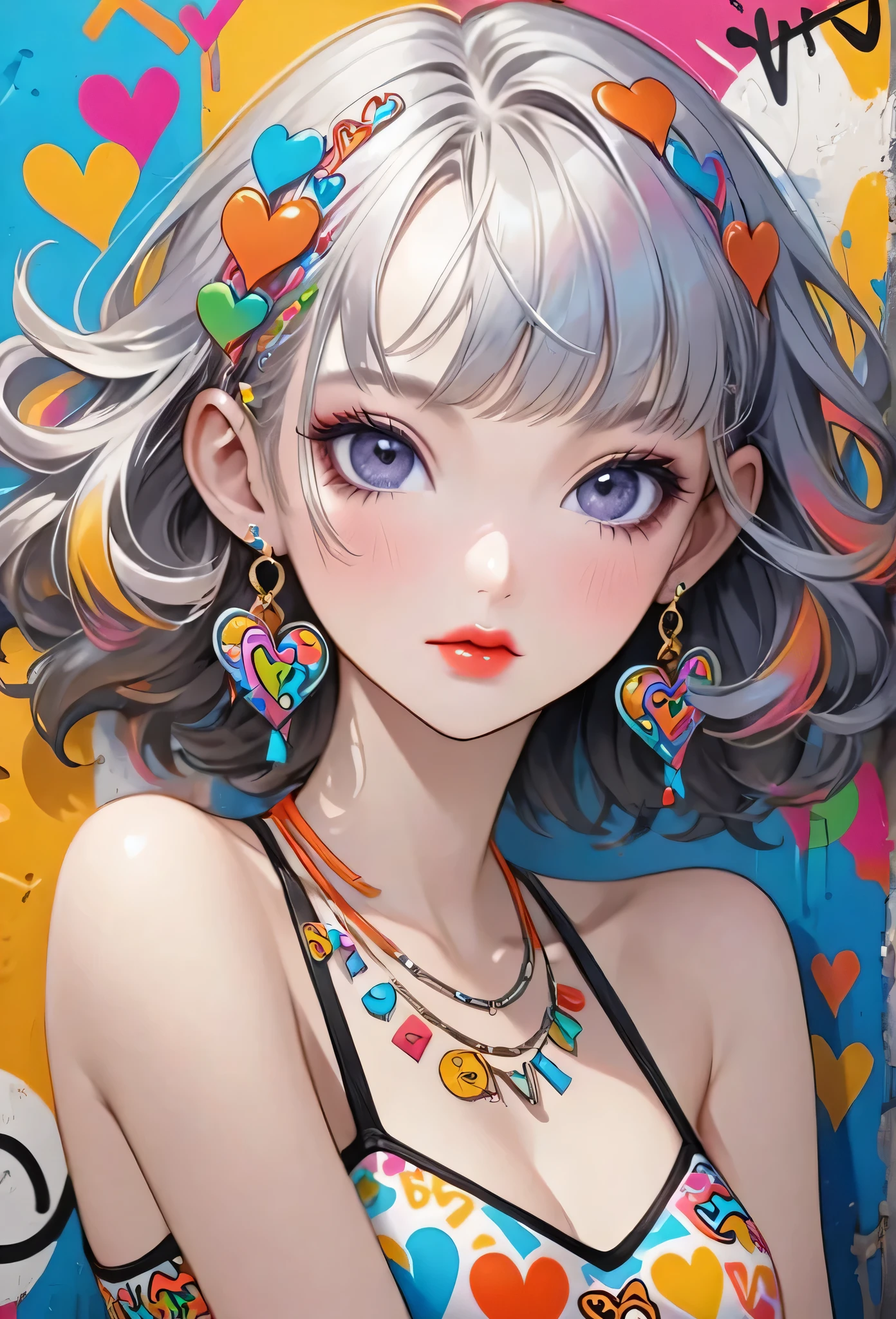 Ultra-realism Keith Haring colorful style, Simple Line Initialism,Abstract art,(((The most beautiful girl of all time))), Sweet face. Lips in love, colorful hearts, stylish design, Summer beach fashion, Dark Eyes, Graffiti on the wall