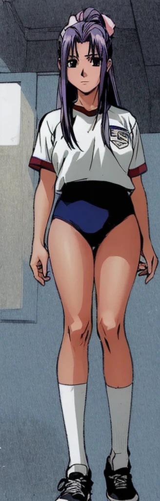 Momoko Koigakubo, a tall girl with beautiful legs, stands in a white gym uniform and light navy blue bloomers that look like panties.。