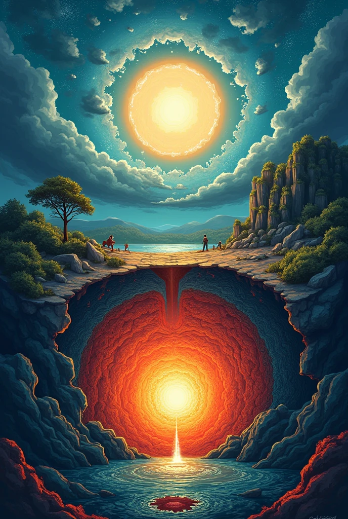 Visual Concept:
The poster would be a layered, vertically oriented design that showcases a journey from the Earth's core at the bottom to the atmosphere at the top. Each section along the way would highlight different elements mentioned in the slogan:
Bottom Section (Earth’s Core):
Visual: A glowing, fiery depiction of the Earth’s core, with gradients of red, orange, and yellow. This section would blend into the mantle above it.
Details: Text or icons representing intense pressure, heat, and the dynamic nature of the core.
Middle Sections (Crystals to Rocks):
Visual: Above the core, a diverse array of crystals and minerals transitioning into different types of rocks (igneous, sedimentary, metamorphic). These rocks would be depicted as layers within the Earth’s crust.
Details: The crystals could be illustrated with facets and reflections, while the rocks could show textures and layers, representing the rock cycle.
Upper Middle Section (Water’s Cycle):
Visual: Moving upwards, the poster would show bodies of water (oceans, rivers) with arrows indicating the water cycle: evaporation, condensation (clouds forming), precipitation (rain), and infiltration.
Details: Illustrations of raindrops, clouds, and flowing rivers, with subtle arrows to indicate the continuous cycle.
Top Section (Atmosphere and Life's Breath):
Visual: The top of the poster would transition into the atmosphere, depicted with layers of clouds, the blue sky, and possibly the curvature of the Earth from space. Life forms (plants, animals, humans) would be interwoven, showing the connection between air, water, and life.
Details: Images of trees releasing oxygen, birds flying, and a human figure taking a deep breath of fresh air.
Color Palette:
Core: Fiery reds, oranges, and yellows.
Crystals and Rocks: Rich earth tones, including browns, grays, and the vibrant colors of various minerals.
Water Cycle: Blues and whites, with soft gray for clouds.
Atmosphere and Life: Light blues, greens, and soft, airy