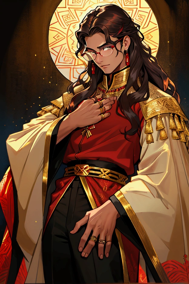 Dark brown long hair fluffy and curly, amber colored eyes, A tanned young man, Clean-shaven face, red blouse with wide sleeves and gold patterns, tight pants, стилистика dark fantasy. gold jewelry, rings, glasses with dark lenses.
