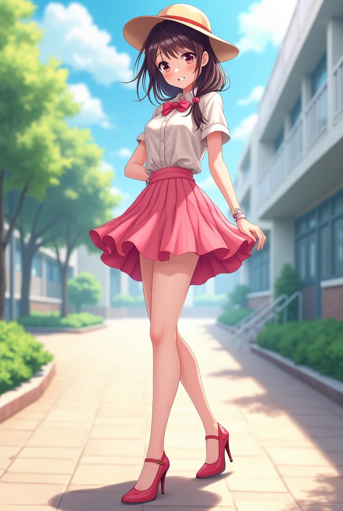 粉色Short skirt,School Belle,Short skirt,whole body,High heel,Smile