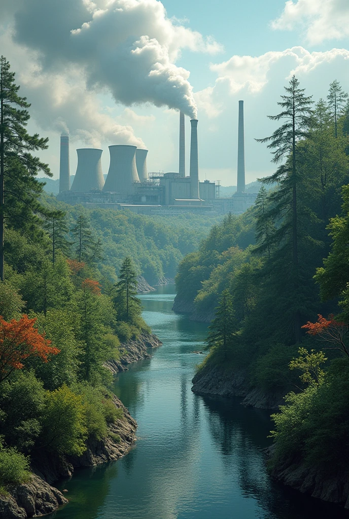 image, related to nuclear power plants. On one side of the text is an image of a factory and a dirty GREST, on the other hand, pure nature with a nuclear power plant.