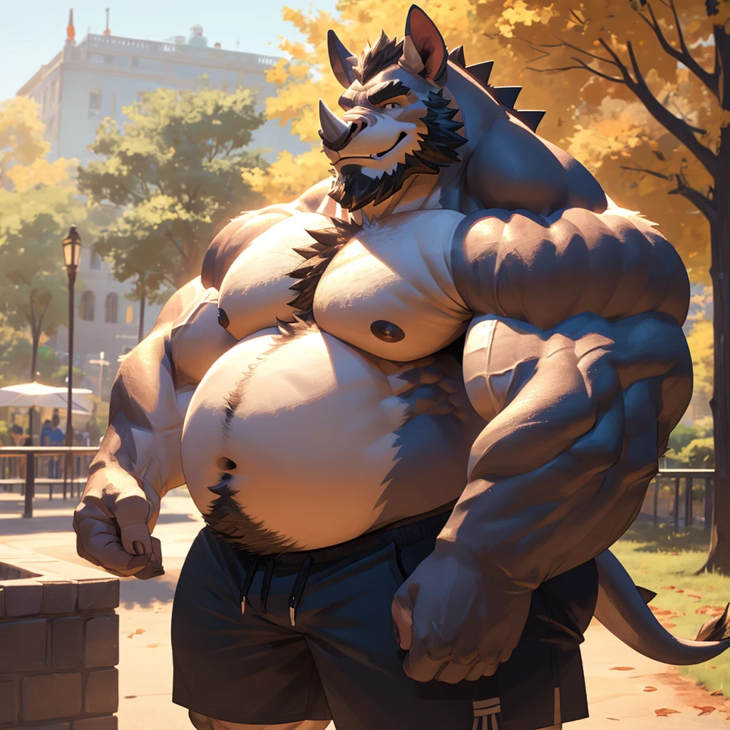 1boy, 1man, solo, a potrait (furry rhino), (face, detailed face, bearded, beard, thick mustache), chubby, fat belly, huge belly, Park, extremely huge muscular, massive muscular , (topless, shirtless, shorts), well-muscled old man. ((extremely muscle size, super thick arms, huge pec, hyper pec, bigger chest, extremely wide pectoral , huge arms)), wide smiling. Add textures and details to make the image more realistic, such as the appearance of the. Make sure the resulting image is high resolution, 8K quality