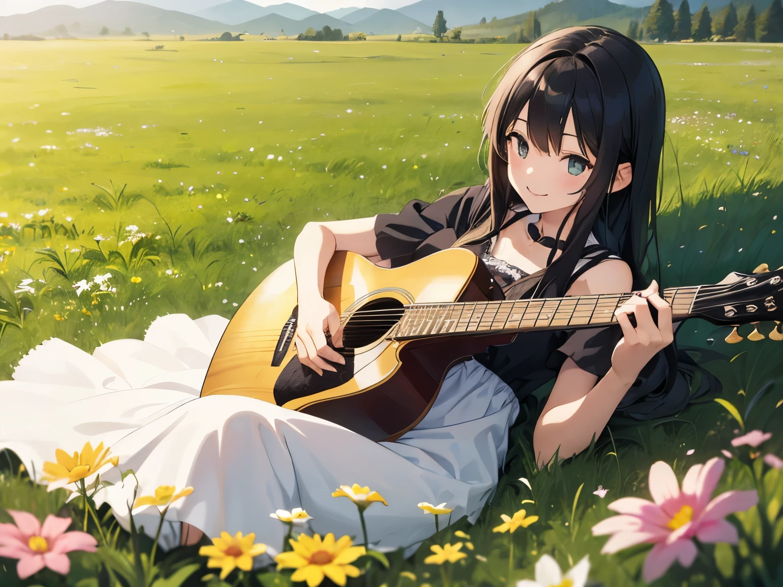 Cute 1, Guitar playing, smile, slim, dress, Outdoor, Originally, Mountain々, grassland, Flowers, null, Floating Hair