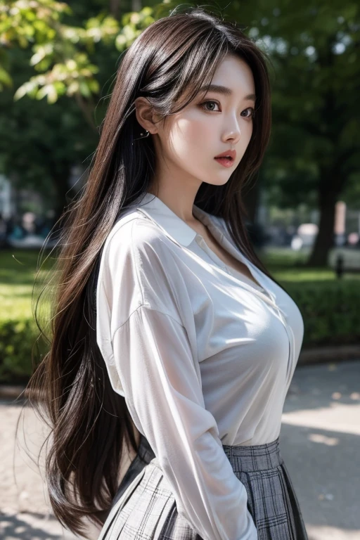 A photorealistic image of a Japanese fashion model posing in a close-up shot at a park during the day. She's wearing a faded ash gray school uniform, her huge breasts straining against the fabric. Her long hair cascades down her back as she gazes directly into the camera lens. Multiple piercings adorn her features, adding to her edgy allure. The soft focus and natural light accentuate her porcelain skin, making her appear almost ethereal.