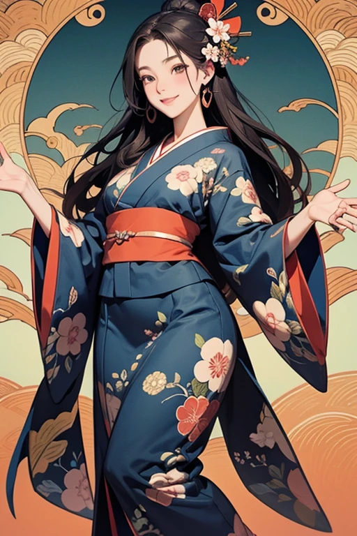 A beautiful woman smiles and shows her upper white teeth、Vividly colored Japanese Ukiyo-e style illustrations、SeaArt creates stunning illustrations of beautiful women in kimono、Brown-black long hair、Beautiful full body style、Beautiful digital illustrations、Beautiful digital painting, Bright vibrant anime art, Detailed digital anime art, Beautiful anime portraits