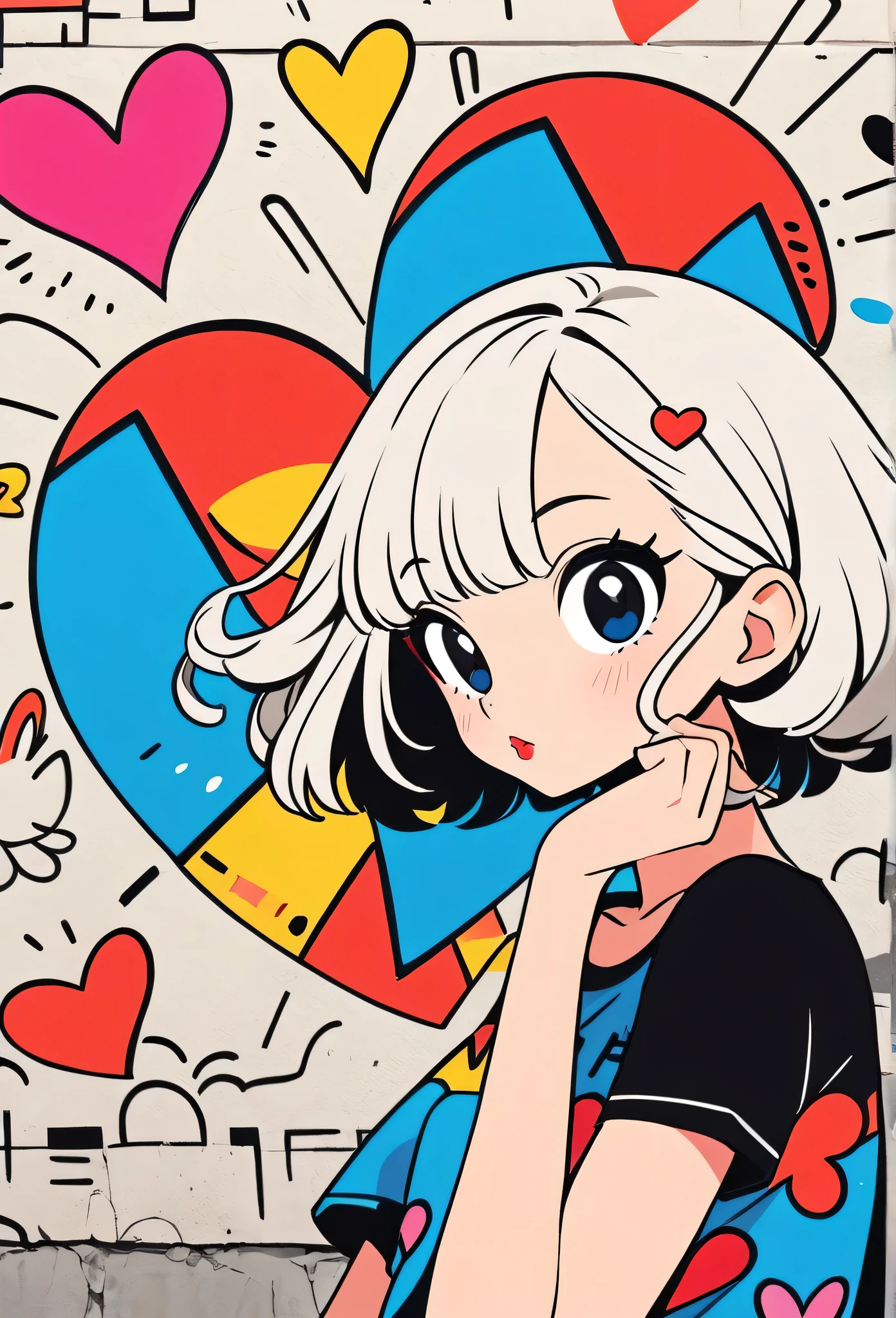 Ultra-realism Keith Haring colorful style, Simple Line Initialism,Abstract art,(((The most beautiful girl of all time))), Sweet face. Lips in love, colorful hearts, stylish design, Summer beach fashion, Dark Eyes, Graffiti on the wall