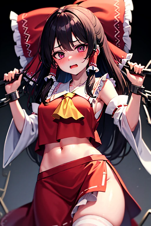 Reimu, with her seductive purple eyes, is restrained by chains on an iron platform, and is so embarrassed that she blushes and screams.