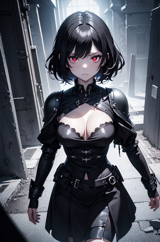 (digital painting),(best quality), masterpiece, 8k resolution, (dark mood background:1.4), anime girl, one girl, solo, goth girl, pale skin, big breast seducing, dressed, (sad face: 1.2), big eyes, (red eyes:1.2), very detailed eyes, cute girl, short hair, black hair, black knight armour, dynamic lighting, deep shadows, (view from above:1.2), looking upwards, (wide angle lens distortion:1.2)