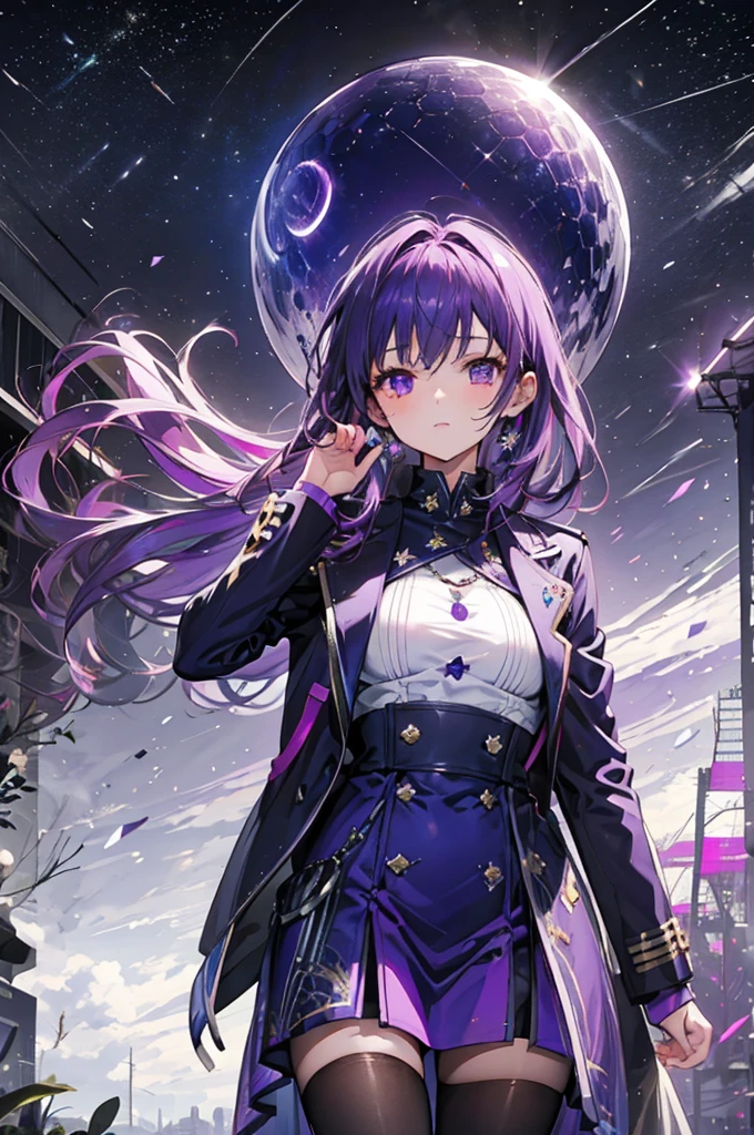 Purple haired girl, eclipse, nowhere, the girl is raising her hand up sky, distorted dimension, focused light rays, purple lights, purple fragments, purple gems
