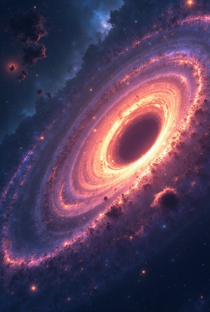 "Illustration of nanohertz gravitational waves in a vast distant galaxy. A supermassive black hole at the center, surrounded by a spiral galaxy, with low frequency waves distorting the space-time around. Representation of the cosmos with vibrant colors and star details, nebulae and orbiting gas disks. The setting must convey the immensity of the universe and the mystery of the invisible forces that shape space."