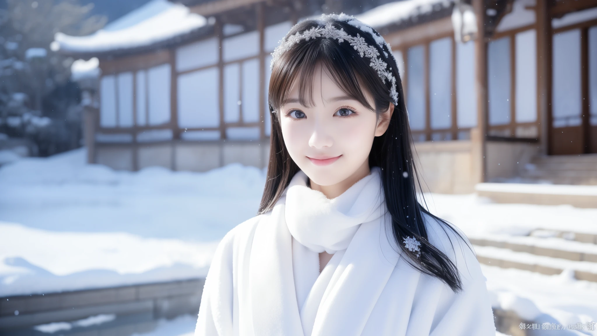 Silver keynote、Soft smile、Highest quality、8k、Ultra-high resolution、Snow-covered temple background、Realistic photo style、Healthy body shape、Clear Eyes、Shiny black hair、Snow-white clothes、Calm expression、cool light、Simple and traditional Japanese art style、Clean colors、Chilled atmosphere、Exquisite details、Graceful posture、Snow-covered landscape