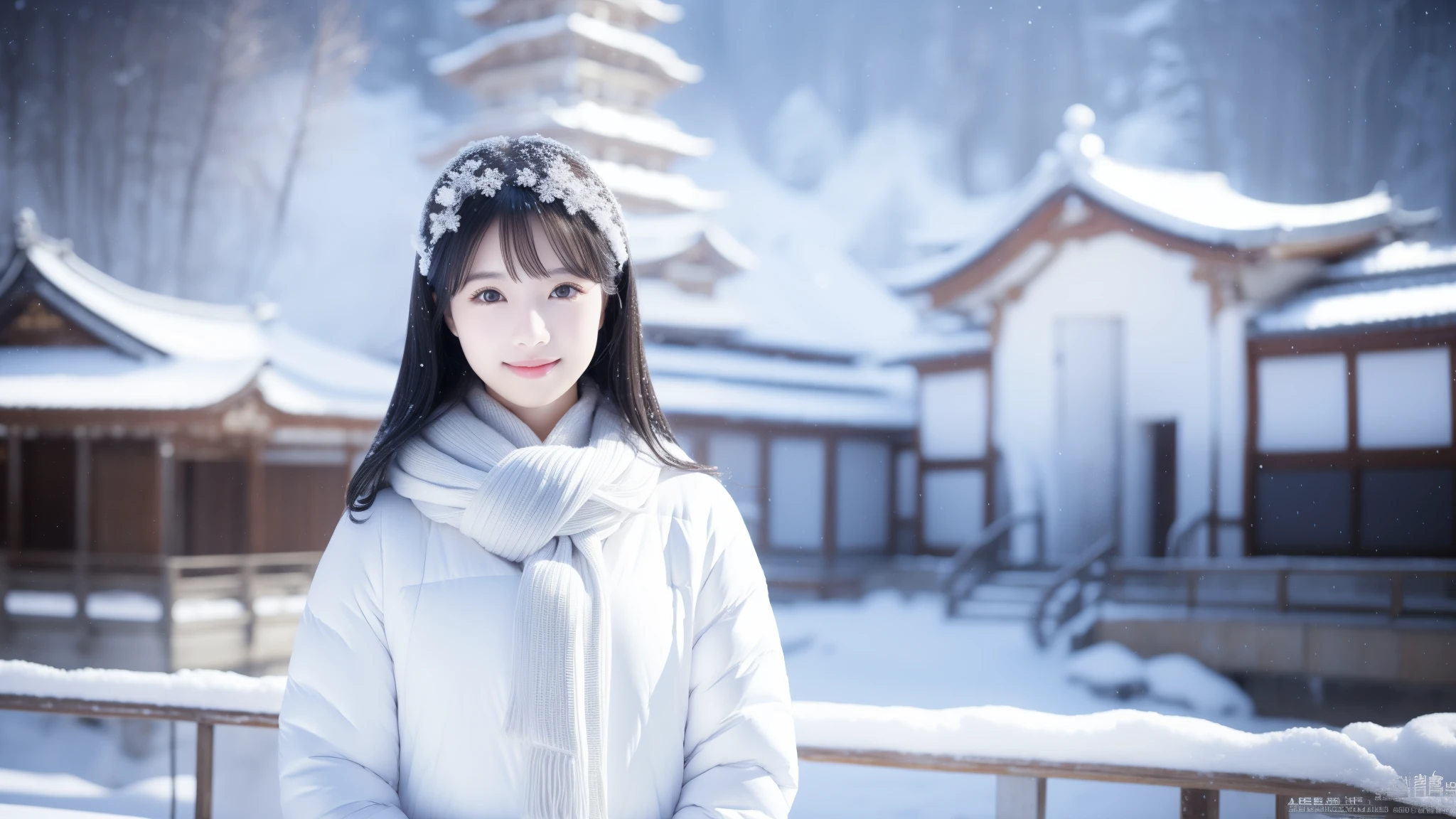 Silver keynote、Soft smile、Highest quality、8k、Ultra-high resolution、Snow-covered temple background、Realistic photo style、Healthy body shape、Clear Eyes、Shiny black hair、Snow-white clothes、Calm expression、cool light、Simple and traditional Japanese art style、Clean colors、Chilled atmosphere、Exquisite details、Graceful posture、Snow-covered landscape