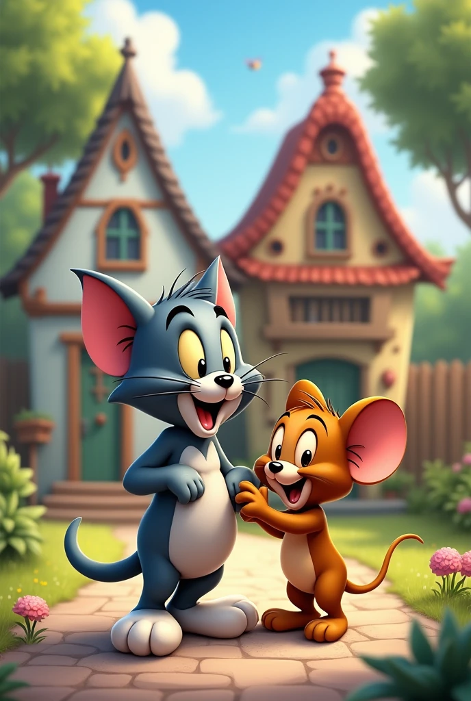 I want a picture where Tom and Jerry are standing side by side with two beautiful houses behind them, the whole picture will be interesting