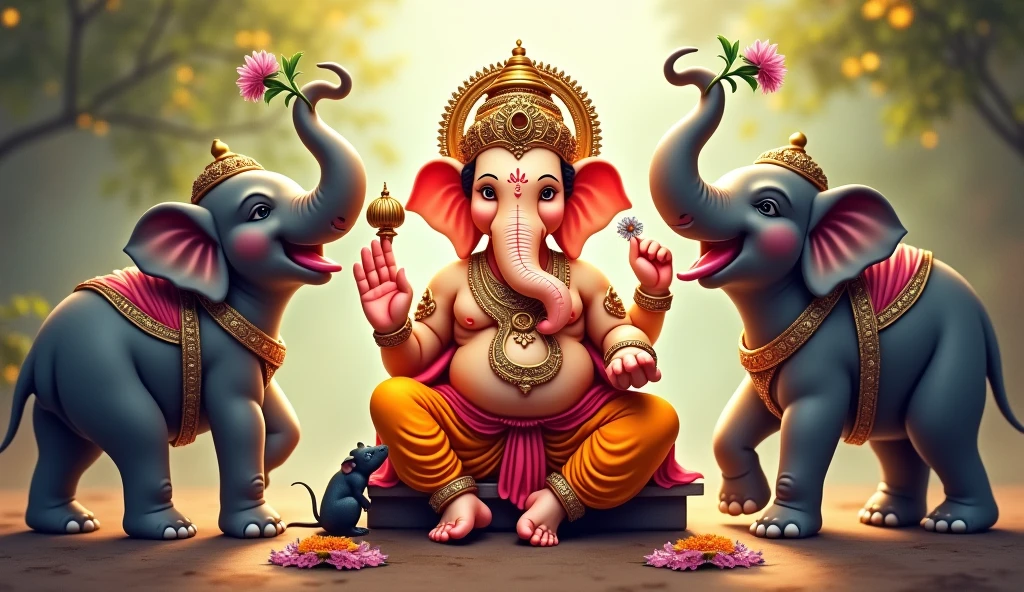 Lord Ganesh, leg near rat, with Pooja elements, Like elephants offering flower blessings from both sides