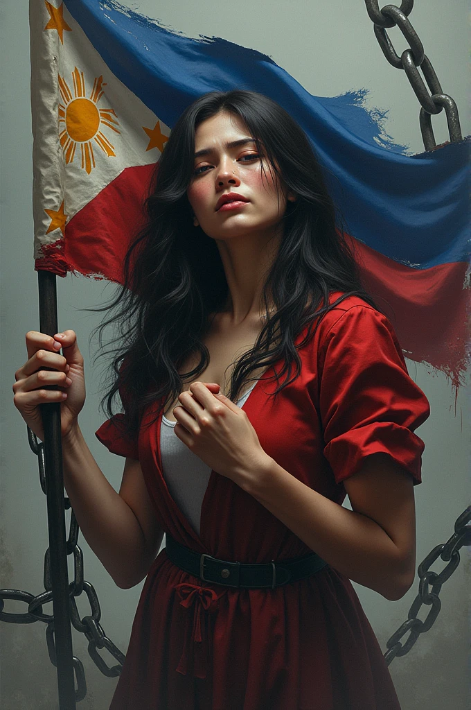draw a figure of a motherland, a woman holding a Philippine flag with tears in her eyes, and around him are chains that destroy the flag.**

