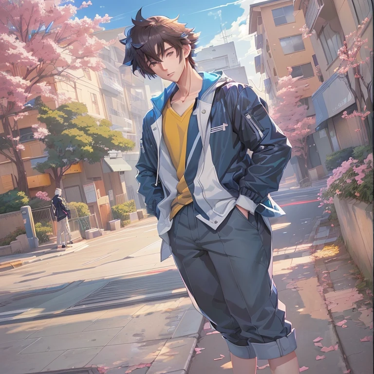 anime boy in a jacket and shorts standing on a sidewalk, tall anime guy with blue eyes, young anime man, handsome anime pose, smooth anime cg art, makoto shinkai. digital render, !!full body portrait!!, anime handsome man, makoto shinkai art style, anime full body illustration, high quality anime artstyle, anime boy