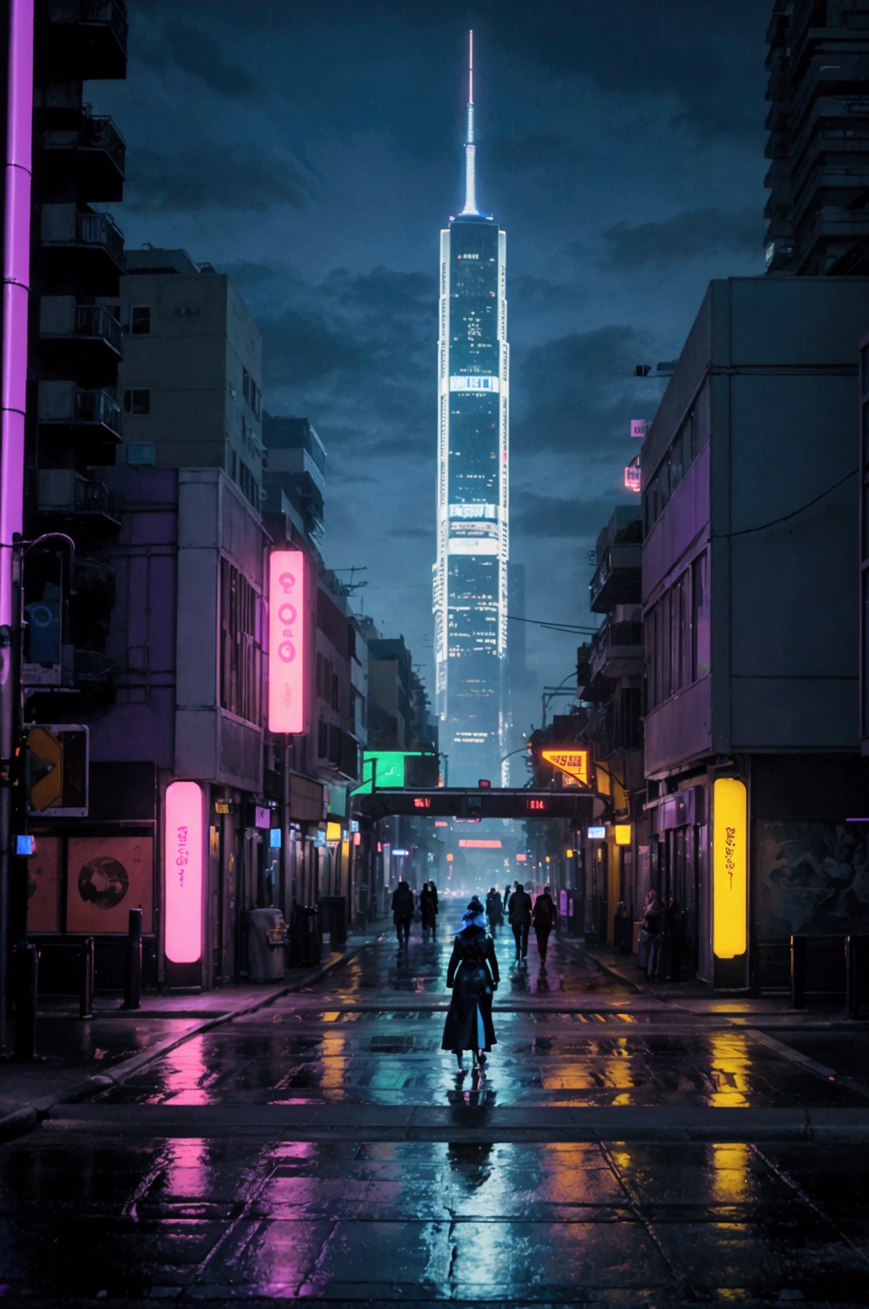 Oil painting of a futuristic street, where we see tall building in the distance glowing in neon purple and blue lighting, and on the street we see neon bill boards glowing on either sides, few people walking on the street, couple of cars, palm trees in the walk way, its midnight sky, raining, realistic