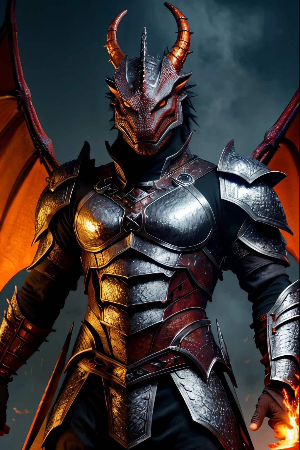 highest quality, 8k, hdr, (head to toe:1.4), Realistic, Human man dragon hybrid, Human man with dark red dragon scales for skin with reptile eyes and a draconic face and muzzle with tail, draconic claws, fire and smoke coming out of his mouth, wearing fantasy heavy silvery steel armor, wings on back, glowing orange eyes