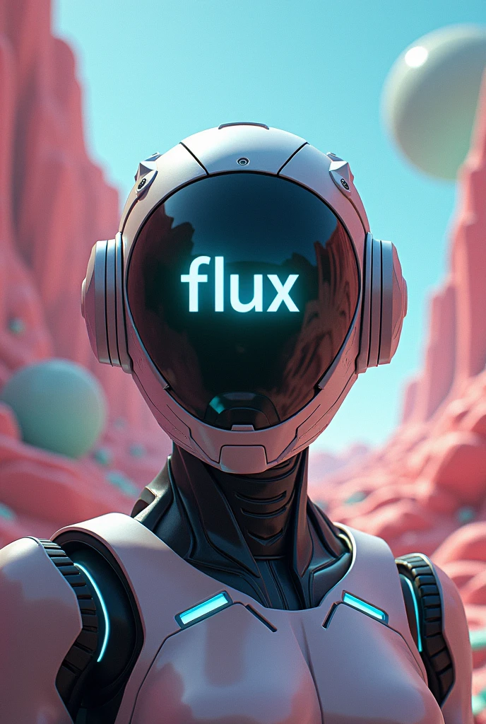 Surreal landscape,A robot helmet with the word "FLUX" written on the screen,Facing the screen,close up