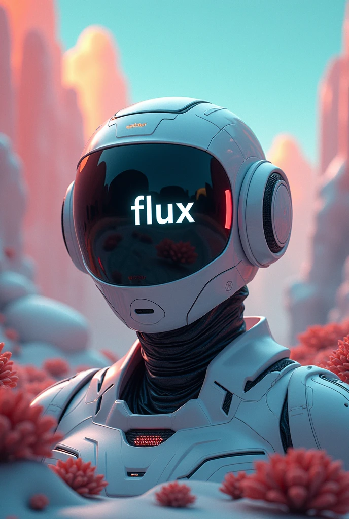Surreal landscape,A robot helmet with the word "FLUX" written on the screen,Facing the screen,close up