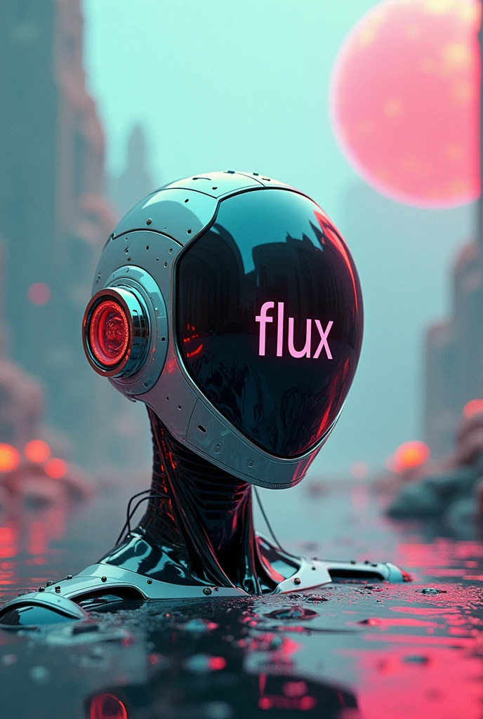 Surreal landscape,A robot helmet with the word "FLUX" written on the screen,Facing the screen,close up