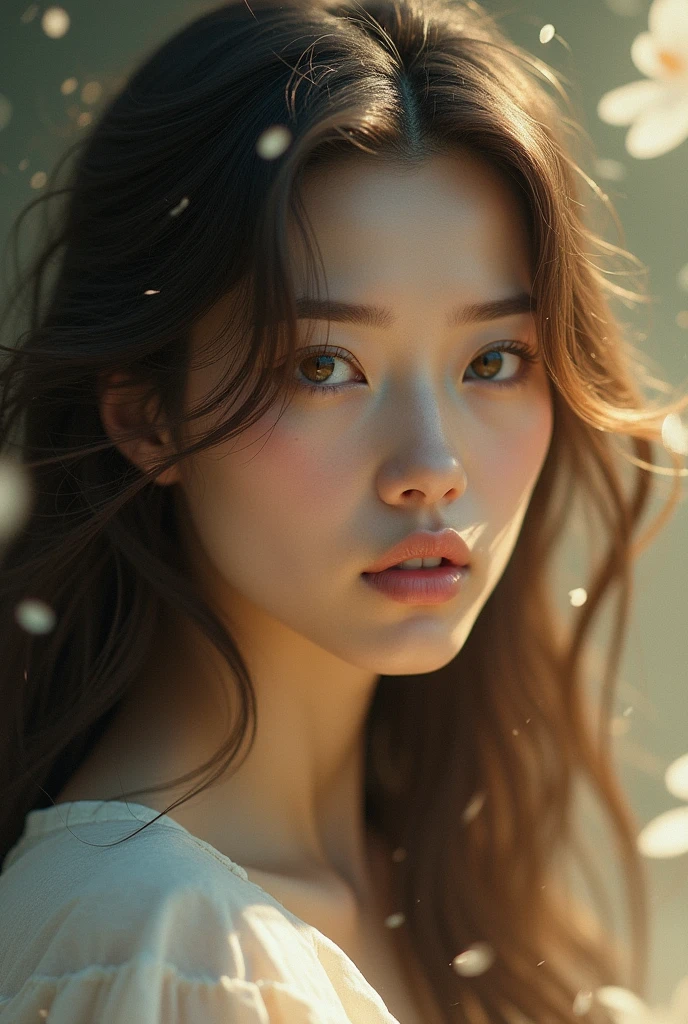 photo realistic woman, woman brown eyes, brown hair, ultrahd, surrealistic style, angel, detailed face