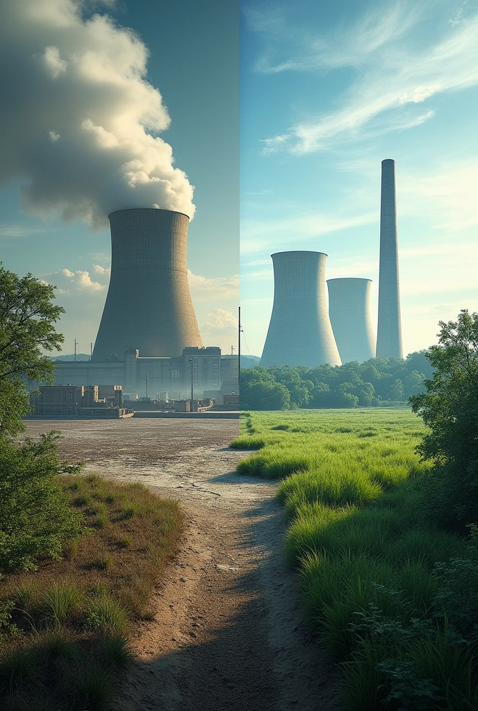 image, related to nuclear power plants. On one side of the text there is an image of a factory and dirty nature, on the other hand, pure nature with a nuclear power plant.