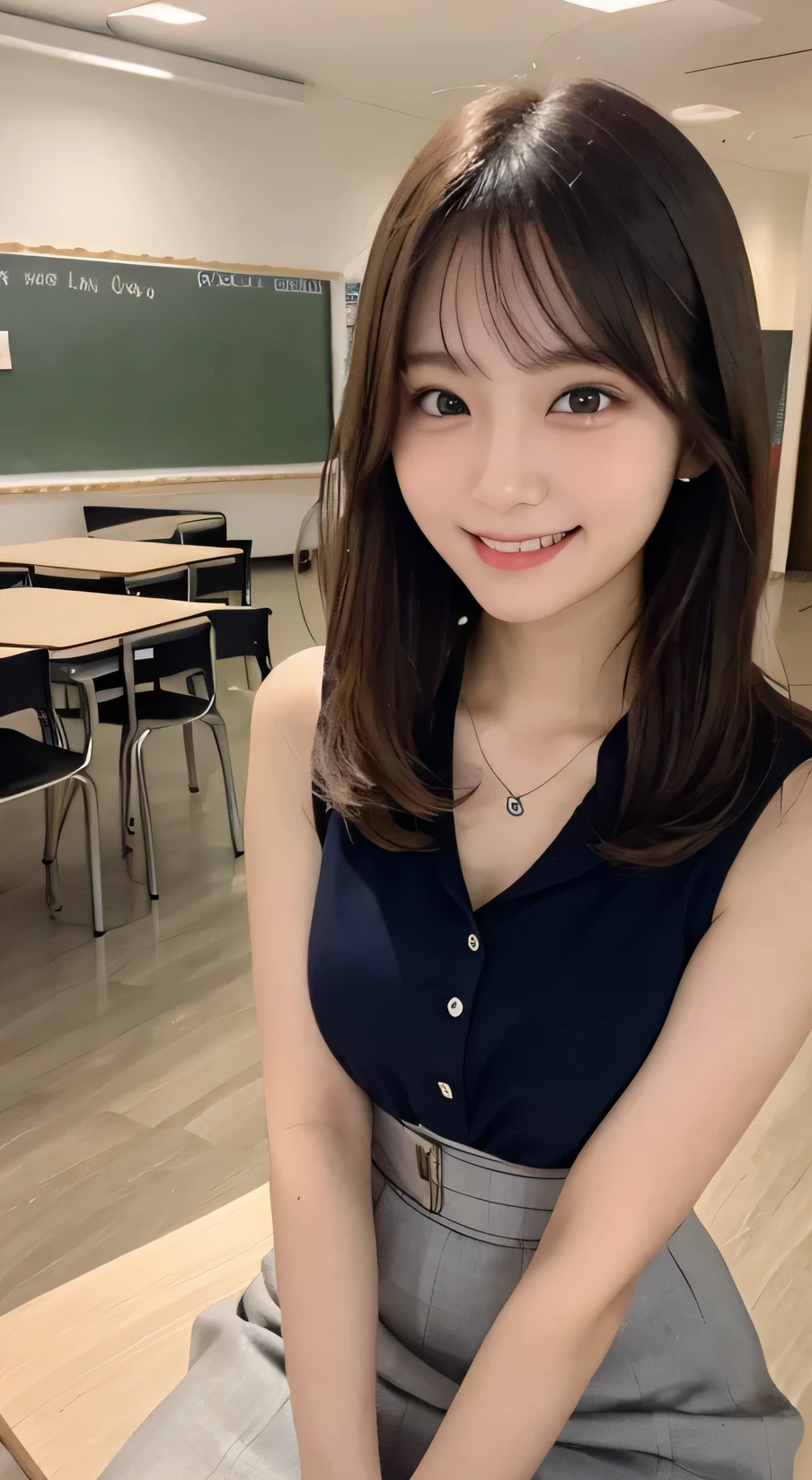 Tabletop, Highest quality, figure, Very detailed, In detail, High resolution, 8k wallpaper, Perfect dynamic composition, Beautiful attention to detail, (medium hair)、Small breasts, Randomly sexy poses,smile、20-year-old girl、cute、sexy shot looking at camera,Perfect and beautiful face、Sleeveless shirt、Collared shirt、24-years-old、female teacher、mermaid skirt、smile、Simple Necklace、staff room、School、