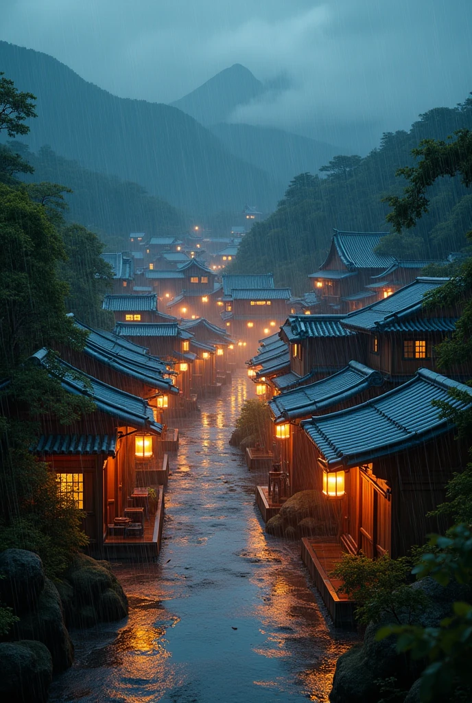 arafed view of a village with a lot of lights on the buildings, dreamy village, amazing wallpaper, japanese town, japanese village, hyper realistic photo of a town, old asian village, japanese city, by Raymond Han, rainy evening, cyberpunk chinese ancient castle, beautifully lit buildings, at evening during rain, beautiful and aesthetic, photography, cinematic, 8k, high detailed ((Heavy rain)))