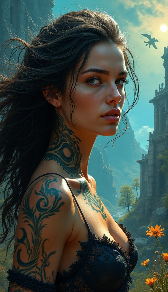1 realistic MIAOKA _ Aerith 】(Unique Edition)Alice, perfet body, perfect face, perfect breasts, Tattoo girl【Beautiful girl with flower back tattoo, fullbody, realistic final fantasy midgar backround, natural lighting,