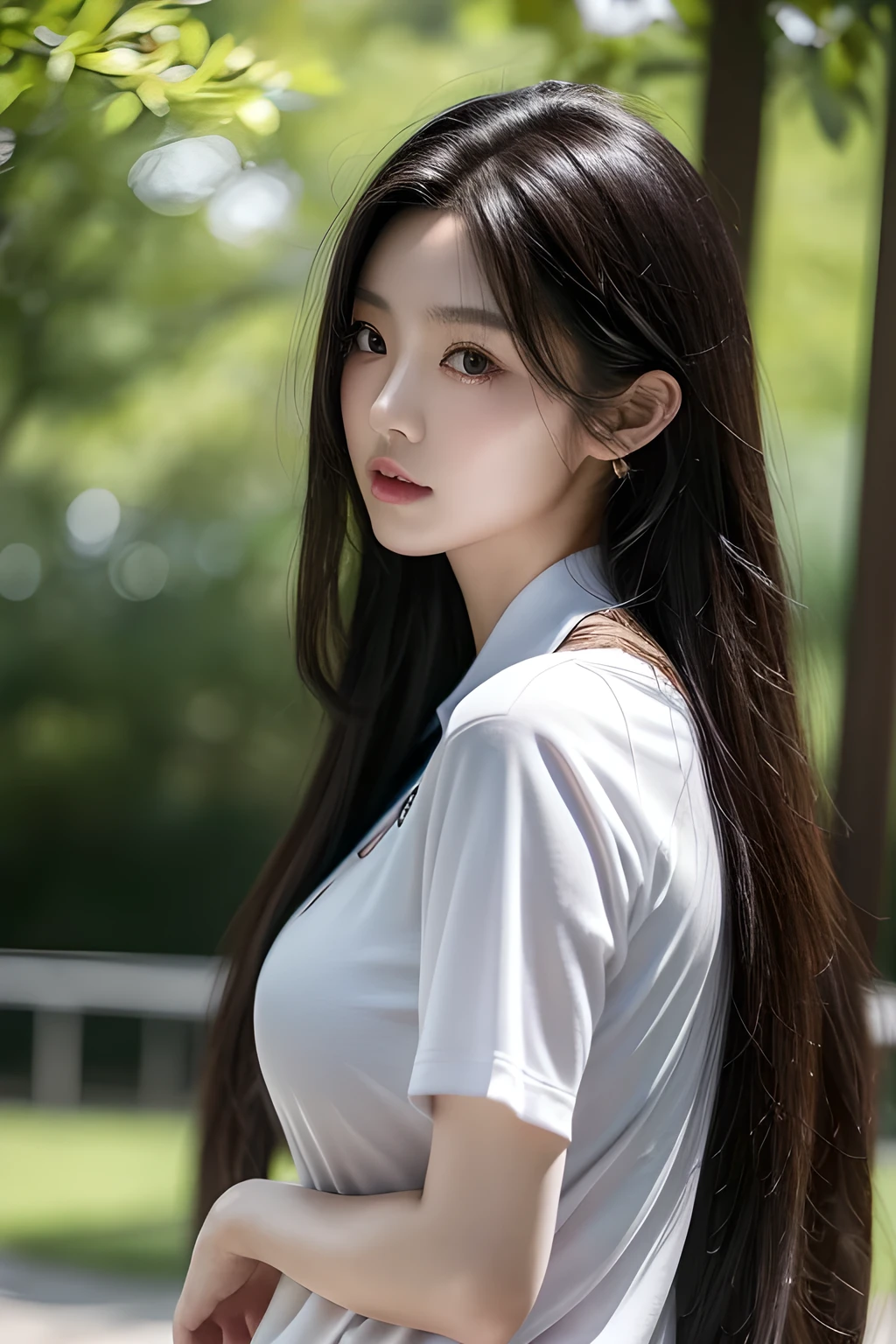 A photorealistic image of a Japanese fashion model posing in a close-up shot at a park during the day. She's wearing a faded ash gray school uniform, her huge breasts straining against the fabric. Her long hair cascades down her back as she gazes directly into the camera lens. Multiple piercings adorn her features, adding to her edgy allure. The soft focus and natural light accentuate her porcelain skin, making her appear almost ethereal.