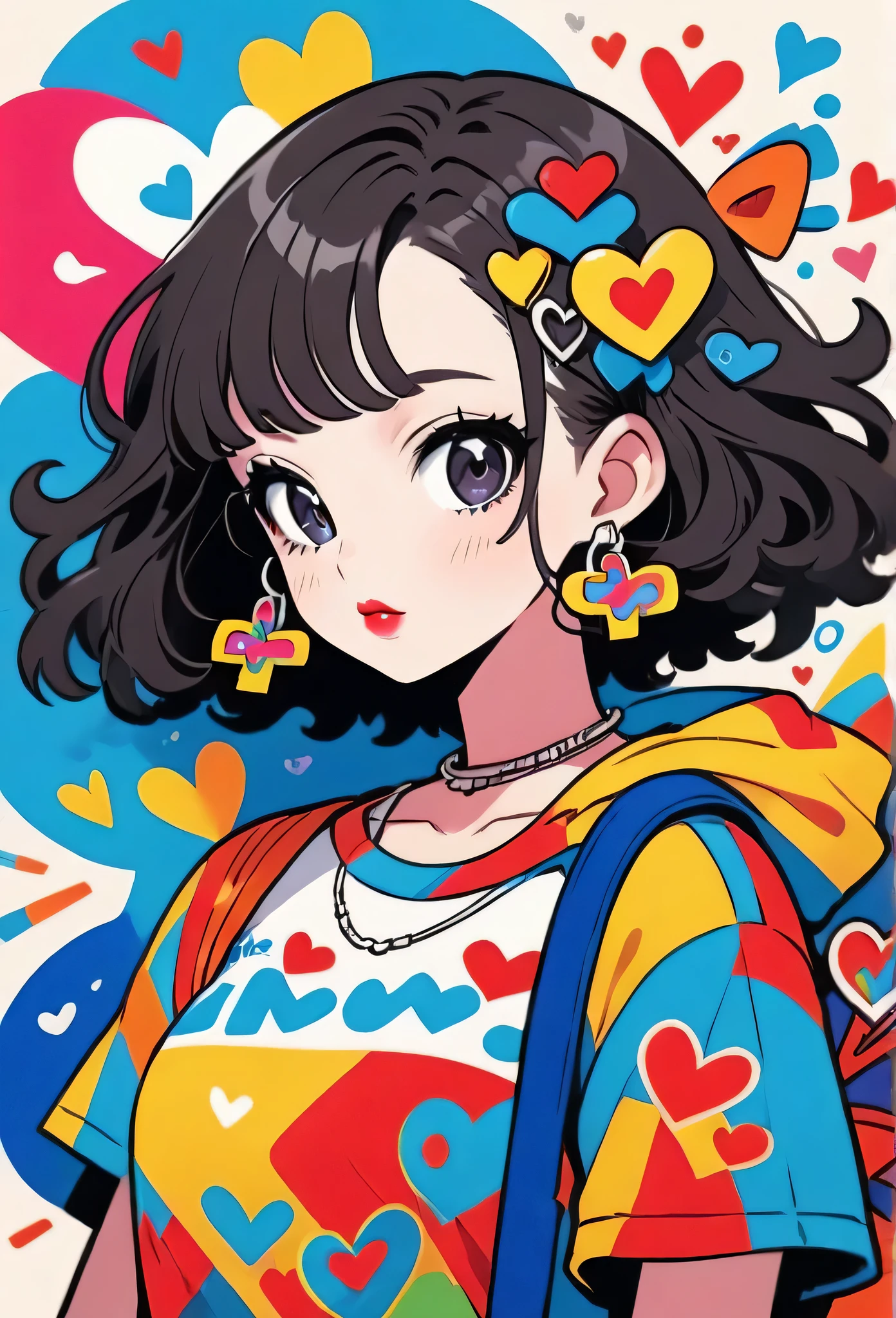 Ultra-realism Keith Haring colorful style, Simple Line Initialism，Abstract art，(((The most beautiful girl of all time))), Sweet face. Lips in love, colorful hearts, stylish design, Summer beach fashion, Dark Eyes, colorful Graffiti