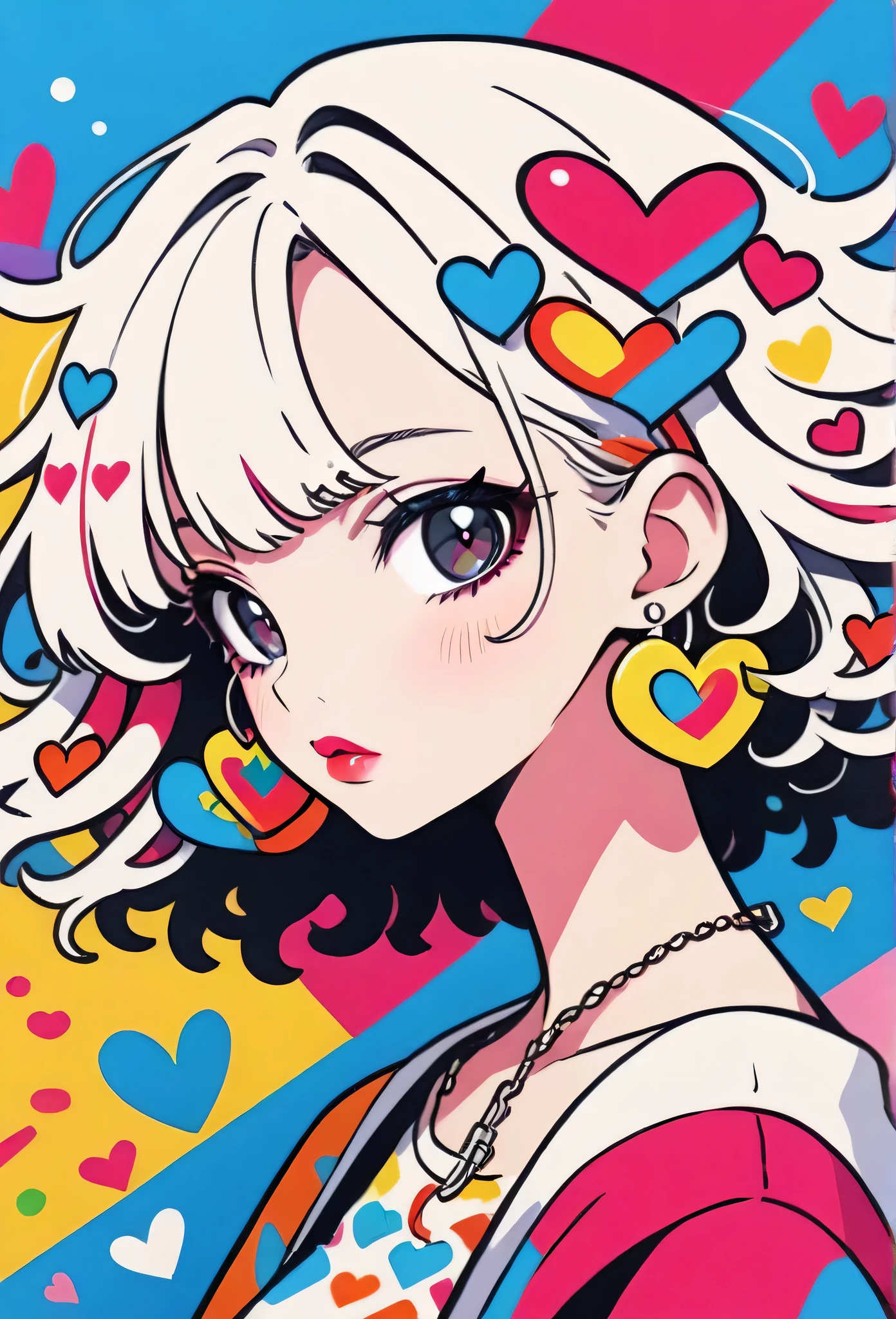 Ultra-realism Keith Haring colorful style, Simple Line Initialism,Abstract art,(((The most beautiful girl of all time))), Sweet face. Lips in love, colorful hearts, stylish design, Summer beach fashion, Dark Eyes, colorful Graffiti
