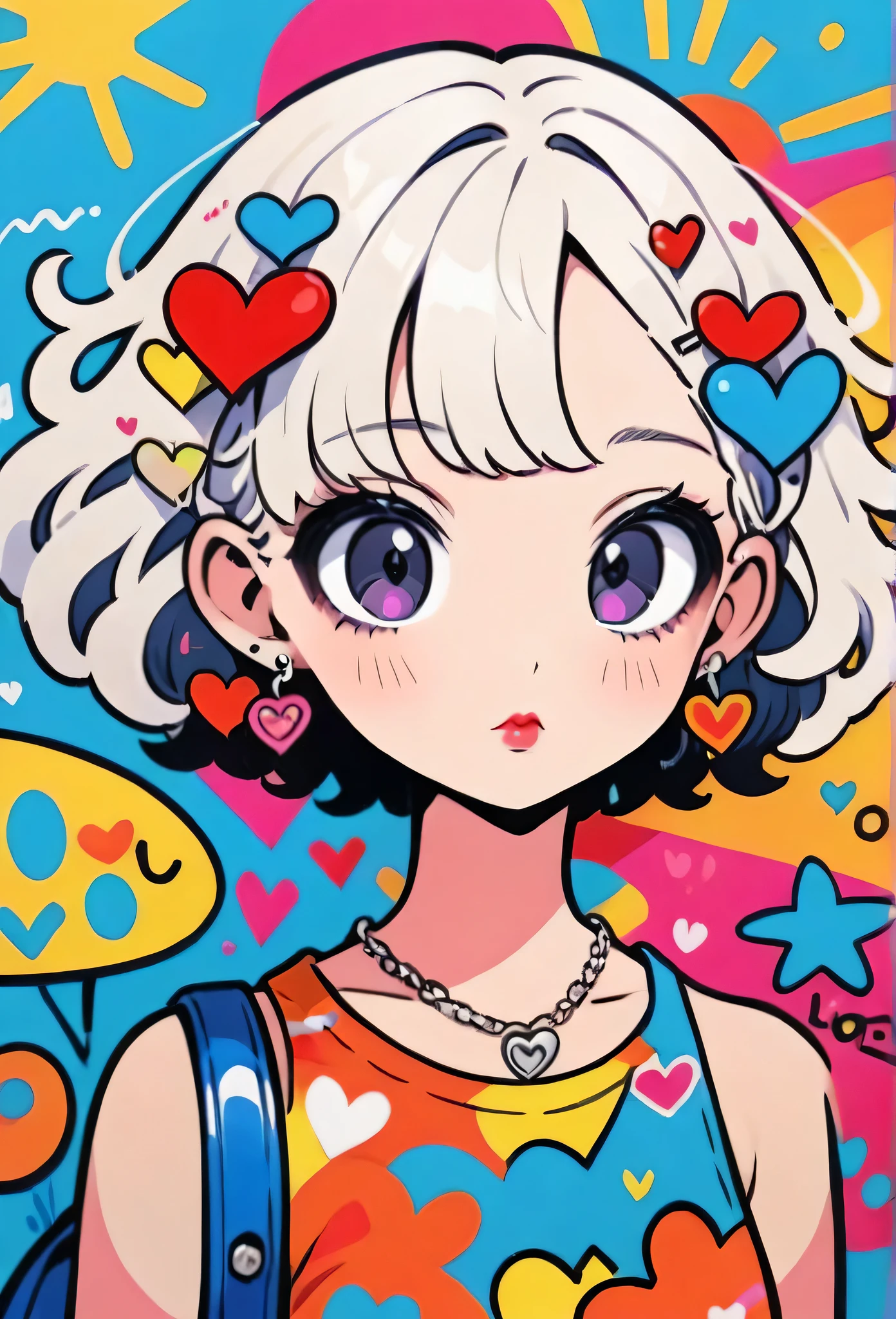 Ultra-realism Keith Haring colorful style, Simple Line Initialism,Abstract art,(((The most beautiful girl of all time))), Sweet face. Lips in love, colorful hearts, stylish design, Summer beach fashion, Dark Eyes, colorful Graffiti
