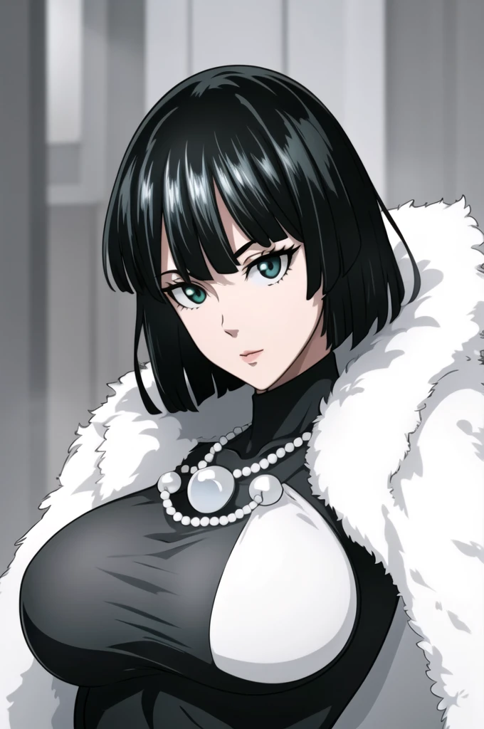 Simple White Background,
(black_Shirt:1.3) ,black_turtleneck, long sleeves, white fur coat, 
(white_pearl_necklace:1.1), 
Green eyes, black hair,bangs,short hair, 
1 girl, 20yo,Young female,Beautiful Finger,Beautiful long legs,Beautiful body,
Beautiful Nose,Beautiful character design, perfect eyes, perfect face,expressive eyes,perfect balance,
looking at viewer,(Focus on her face),closed mouth, (innocent_big_eyes:1.0),(Light_Smile:0.3),
official art,extremely detailed CG unity 8k wallpaper, perfect lighting,Colorful, Bright_Front_face_Lighting,White skin,
(masterpiece:1.0),(best_quality:1.0), ultra high res,4K,ultra-detailed,
photography, 8K, HDR, highres, absurdres:1.2, Kodak portra 400, film grain, blurry background, bokeh:1.2, lens flare, (vibrant_color:1.2),professional photograph,
(Beautiful,large_Breasts:1.4), (beautiful_face:1.5),(narrow_waist),