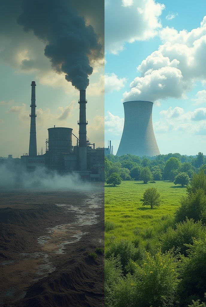 image, related to nuclear power plants. On one side of the text there is an image of a factory and dirty nature, on the other hand, pure nature with a nuclear power plant.