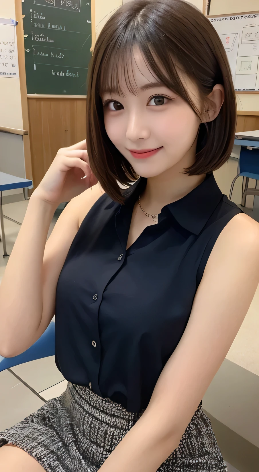 Tabletop, Highest quality, figure, Very detailed, In detail, High resolution, 8k wallpaper, Perfect dynamic composition, Beautiful attention to detail, (short hair)、Small breasts, Randomly sexy poses,smile、20-year-old girl、cute、sexy shot looking at camera,Perfect and beautiful face、Sleeveless shirt、Collared shirt、24-years-old、female teacher、mermaid skirt、smile、Simple Necklace、staff room、School、